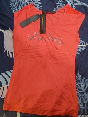 Miss Sixty Coral Rhinestone Logo Tank Top
